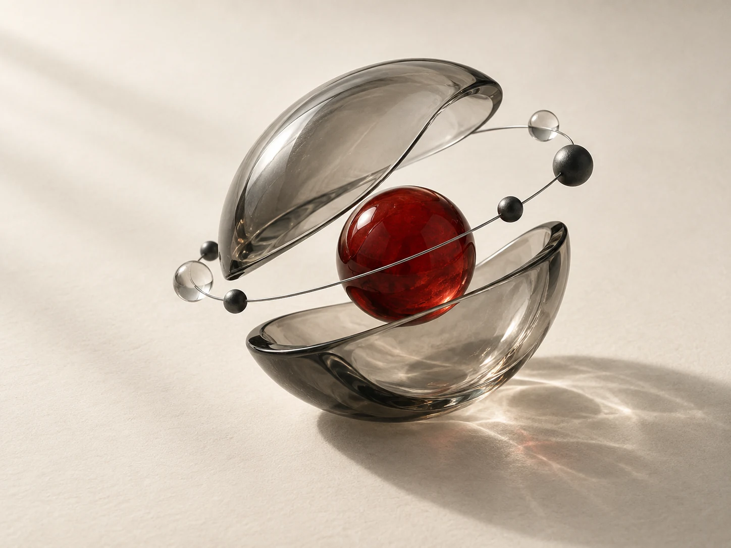 Abstract pharmaceutical research: translucent capsule forms and a red molecular core.